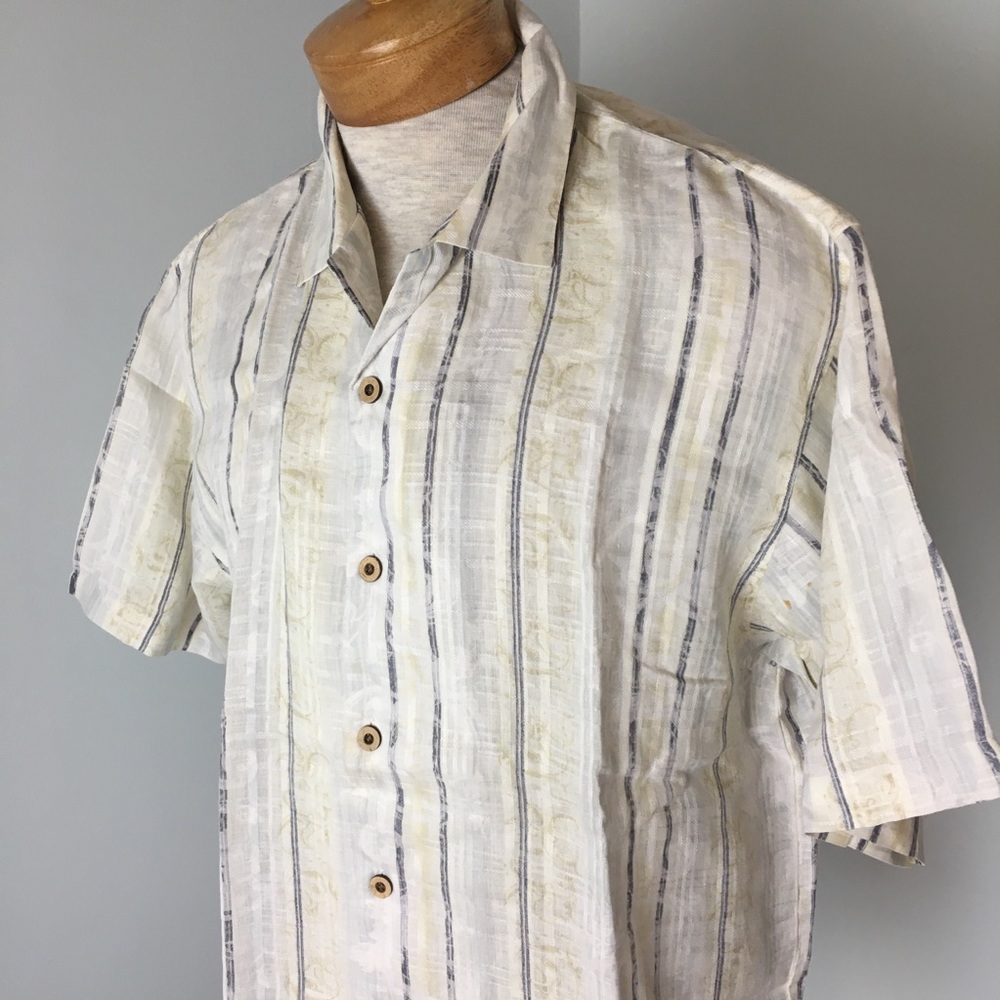 Tommy Bahama linen short sleeves tropical boho striped jacquard shirt L